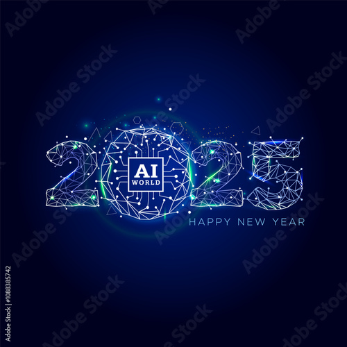 New year 2025 logo design with Modern futuristic tecnology and AI artificial intelligence data concept on blue background.