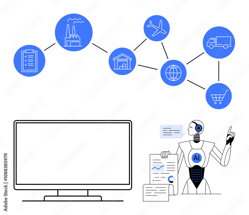 AI robot presenting data flow through supply chain elements thumbs up manufacturing, transportation, warehouses, and a global network. Ideal for automation, logistics, AI, supply chain management AI robot presenting data flow through supply chain elements thumbs up manufacturing, transportation, warehouses, and a global network. Ideal for automation, logistics, AI, supply chain management
