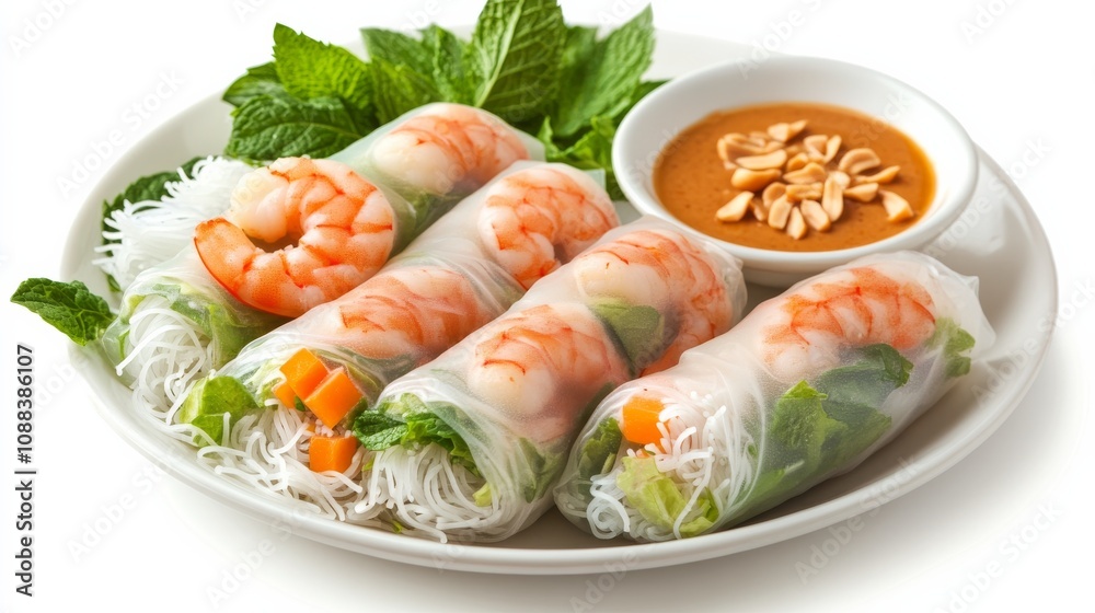 A colorful plate of Vietnamese spring rolls with shrimp, vermicelli noodles, lettuce A colorful plate of Vietnamese spring rolls with shrimp, vermicelli noodles, lettuce