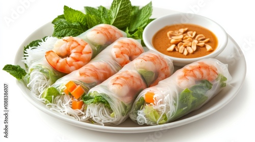 A colorful plate of Vietnamese spring rolls with shrimp, vermicelli noodles, lettuce