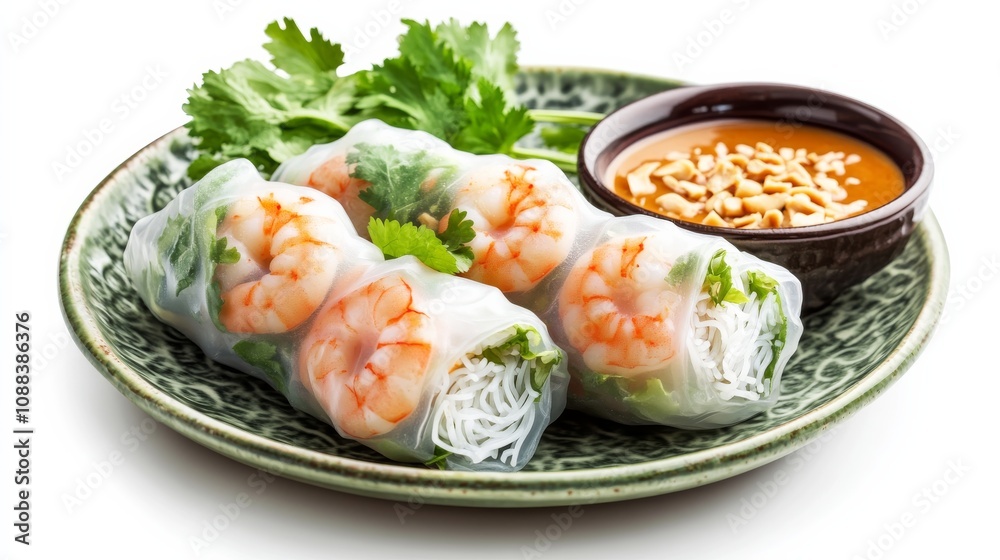 A colorful plate of Vietnamese summer rolls with shrimp, rice noodles, lettuce A colorful plate of Vietnamese summer rolls with shrimp, rice noodles, lettuce