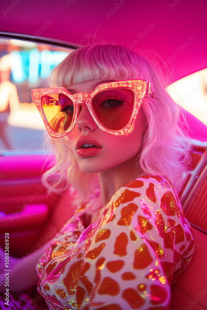 Attractive woman in animal printed blouse and big sunglasses sitting in car Attractive woman in animal printed blouse and big sunglasses sitting in car