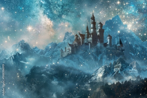 A stunning castle set against a backdrop of mountains, with a clear night sky filled with twinkling stars. A fairy tale castle surrounded by mountains and sky full of stars .