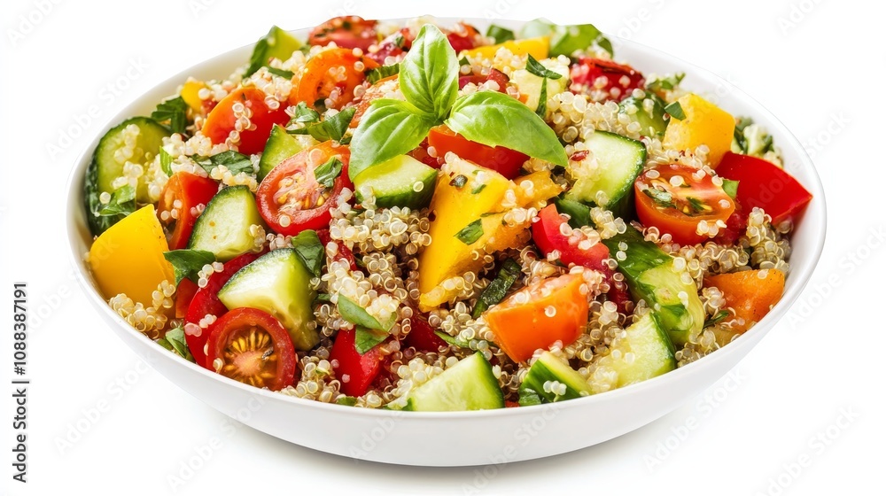 A colorful quinoa salad with mixed bell peppers, cherry tomatoes, cucumber A colorful quinoa salad with mixed bell peppers, cherry tomatoes, cucumber