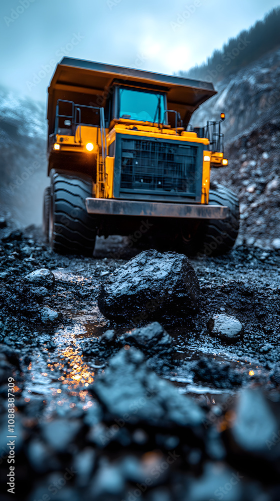 A close-up photograph showing a front view of a mining truck in action
A close-up photograph showing a front view of a mining truck in action