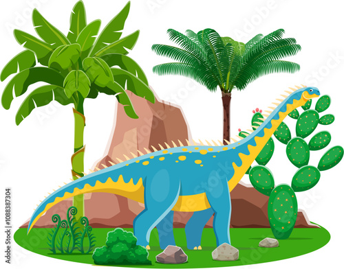 Barapasaurus prehistoric dinosaur character. Cartoon vector colorful dino standing at lush scenic landscape with rugged rock, ferns, and vibrant palm trees. Peaceful scene of ancient history time