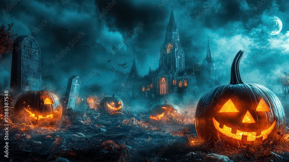 Spooky Halloween Night with Jack-o-Lanterns and Haunted Church. Spooky Halloween Night with Jack-o-Lanterns and Haunted Church.