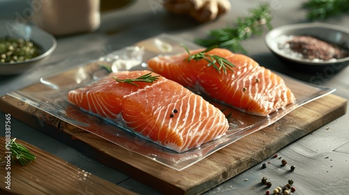 Fresh salmon fillets are neatly packaged and displayed on a wooden board, surrounded by herbs and spices, showcasing their vibrant color and quality.