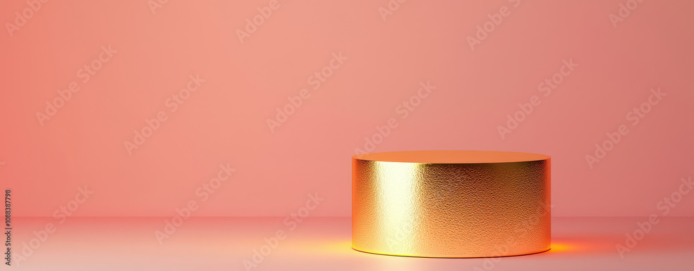cylindrical gold plated podium with textured surface, illuminated against soft pink background, creates minimalist and elegant display. This setup is perfect for showcasing products or awards