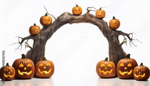 Spooky tree archway with glowing halloween pumpkins at its base is set against a white background photo