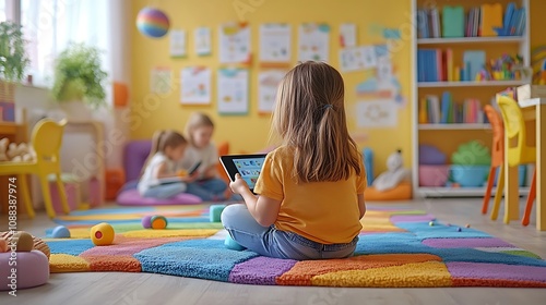 Fototapeta Naklejka Na Ścianę i Meble -  Child engaged with tablet in colorful learning space home indoor