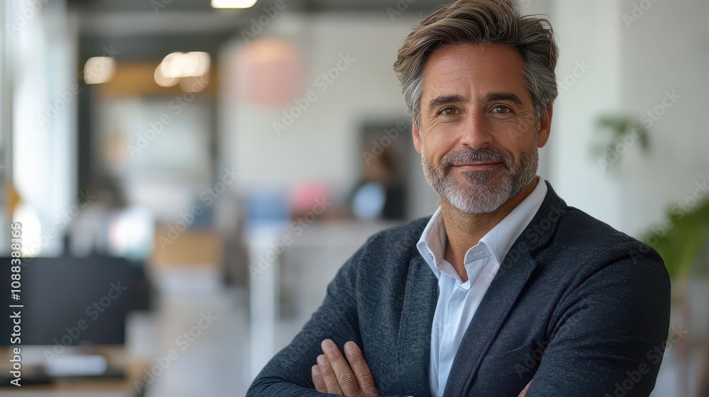 Confident Businessman Smiling at Camera in Office. Confident Businessman Smiling at Camera in Office.