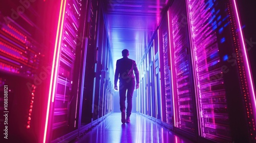 A cybersecurity professional reviewing security protocols in a high-tech data center.