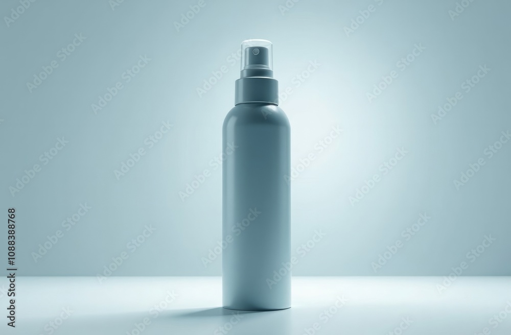 Mockup blue deodorant spray bottle on light blue background with backlight. Copy space for text. Concept: advertising beauty photo, skin care product, eco cosmetic product Mockup blue deodorant spray bottle on light blue background with backlight. Copy space for text. Concept: advertising beauty photo, skin care product, eco cosmetic product