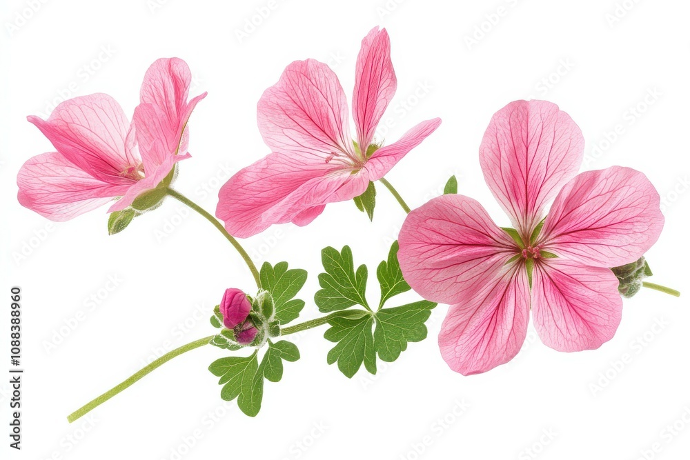 Fototapeta premium Pink Wildflower Branch with Three Flowers and Buds.