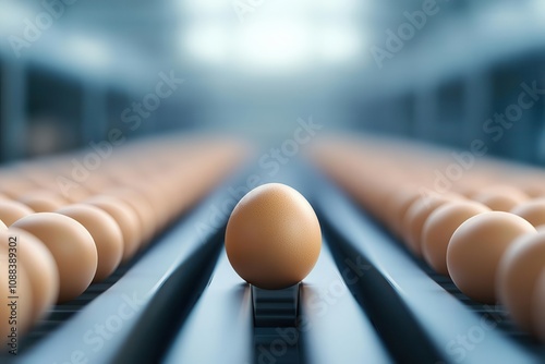 A close-up of an egg on a conveyor belt surrounded by other eggs, showcasing a streamlined, industrial egg processing environment. photo