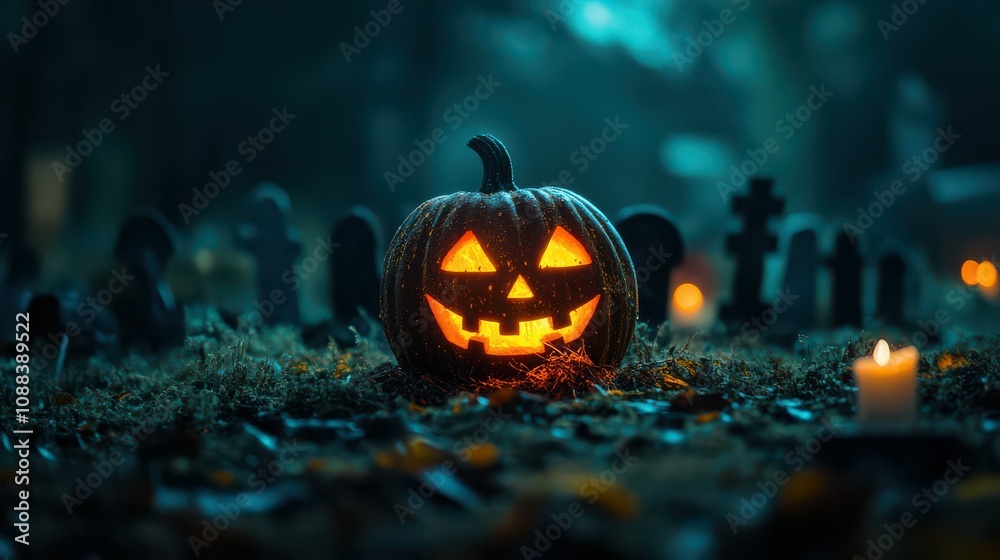 Jack-o'-Lantern in a spooky graveyard. Jack-o'-Lantern in a spooky graveyard.