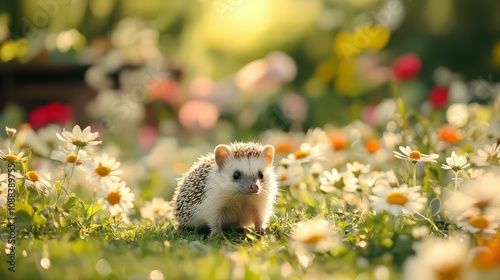 Adorable Hedgehog in a Field of Daisies.