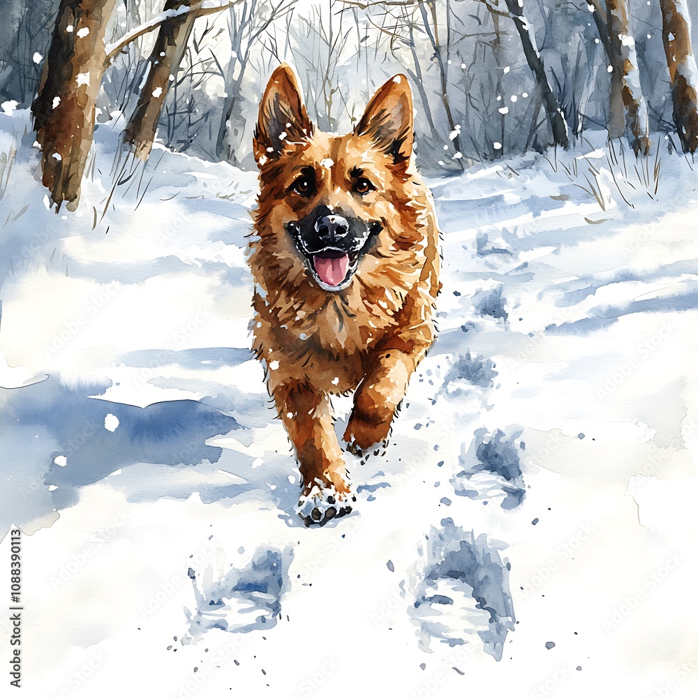 Naklejka premium Joyful German Shepherd Dog Running in Snowy Winter Woods - Watercolor Painting.