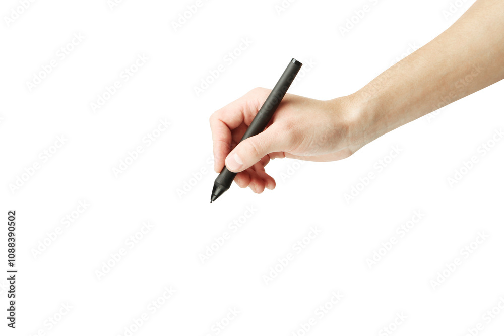Hand holding a stylus pen in a writing position, isolated on a white background. Close-up of human hand, minimalistic design, concept of creativity Hand holding a stylus pen in a writing position, isolated on a white background. Close-up of human hand, minimalistic design, concept of creativity