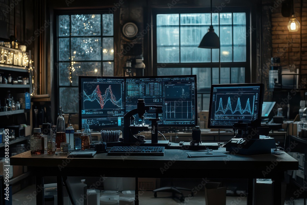 Modern Laboratory Workstation with Graphs and Microscope. Modern Laboratory Workstation with Graphs and Microscope.