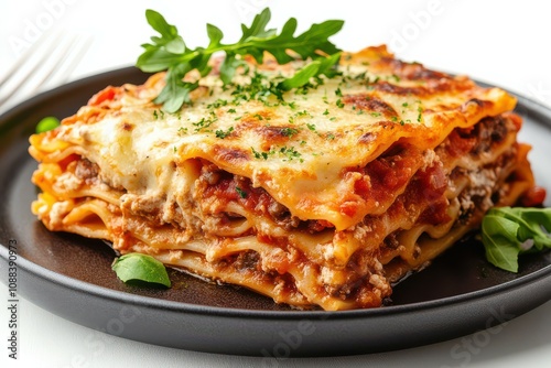 Delicious Homemade Lasagna with Melted Cheese and Parsley.