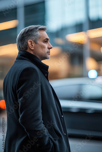 Businessman waiting for a taxi outside an airport photo