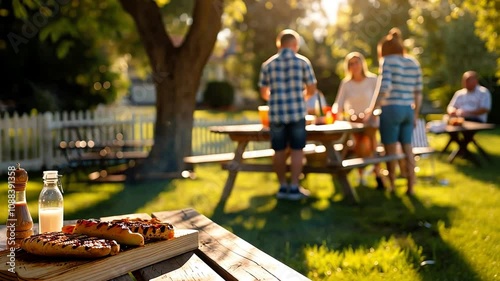 A backyard BBQ party with people grilling food and playing games,