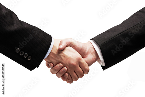 Businessmen shaking hands in close-up, wearing formal suits, isolated on a white background. Concept of partnership, deal, or agreement