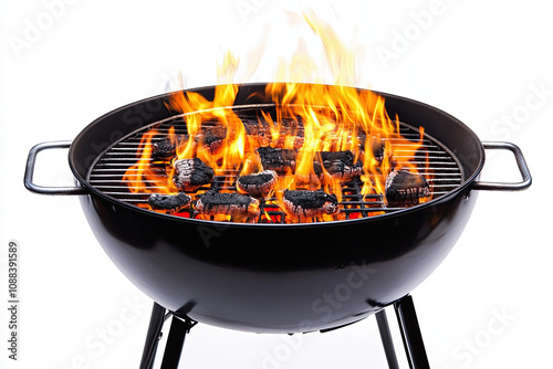 Round grill with fire on white background photo