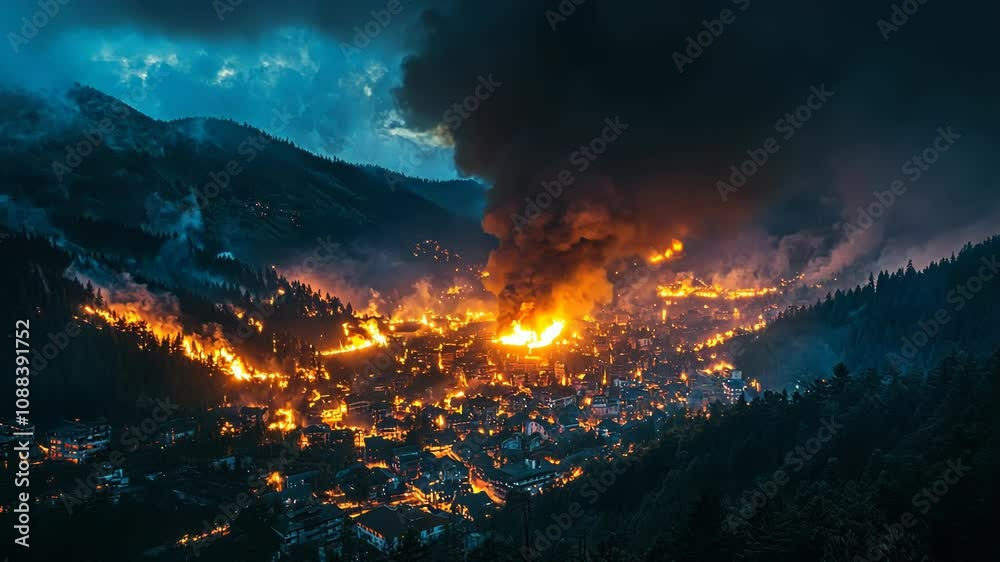 Dramatic Volcano Eruption with Lava and Smoke at Night