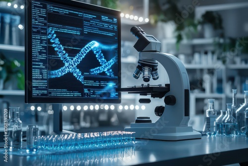Microscope and DNA Model on Computer Screen in Laboratory.