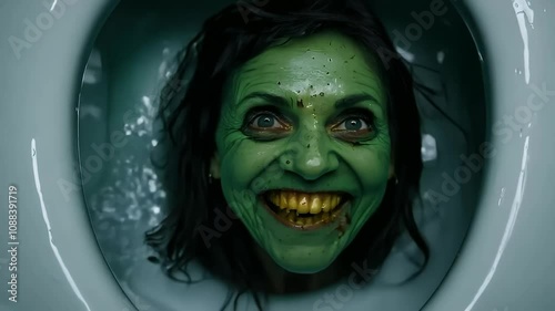 A terrifying green woman emerging from a toilet bowl.