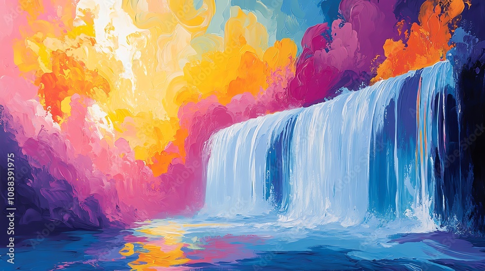 Obraz premium Majestic waterfall sunset nature scene vibrant landscape serenity