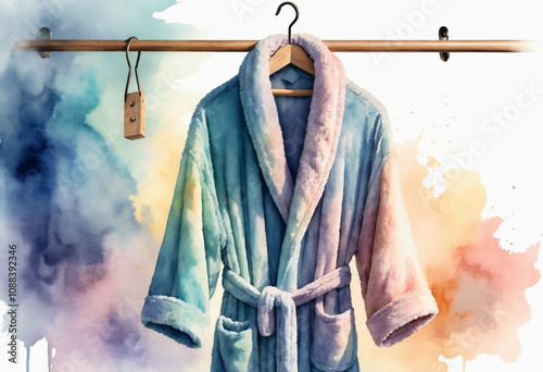 Soft fluffy bathrobe hanging on a colorful background photo