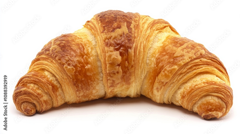 A freshly baked croissant with its golden, flaky layers and slightly curved shape, Each croissant’s vibrant color and subtle imperfections captured with precision A freshly baked croissant with its golden, flaky layers and slightly curved shape, Each croissant’s vibrant color and subtle imperfections captured with precision