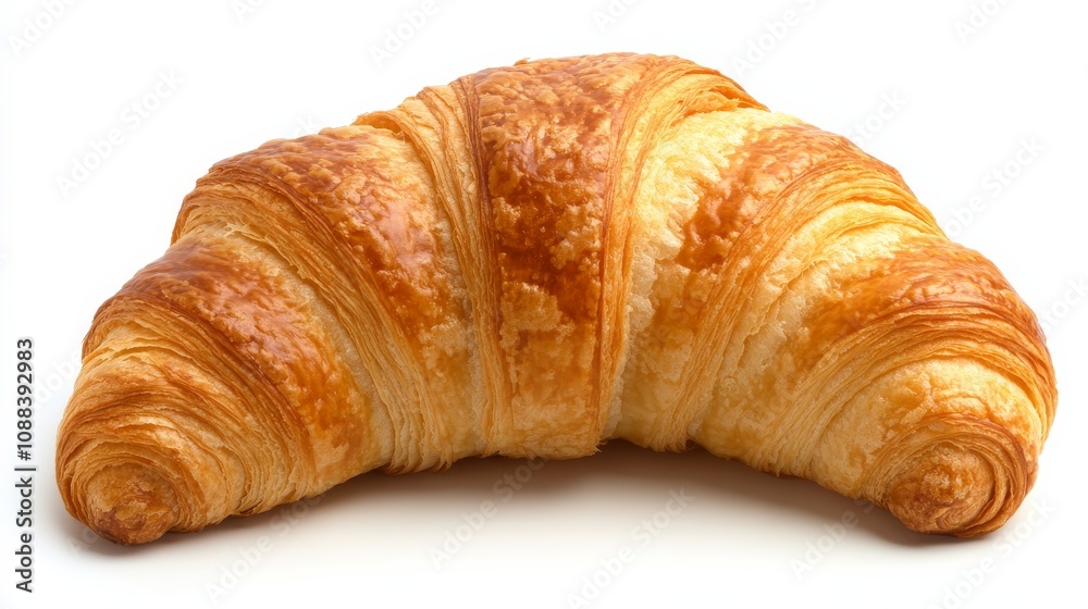 A freshly baked croissant with its golden, flaky layers and slightly curved shape, Each croissant’s vibrant color and subtle imperfections captured with precision A freshly baked croissant with its golden, flaky layers and slightly curved shape, Each croissant’s vibrant color and subtle imperfections captured with precision