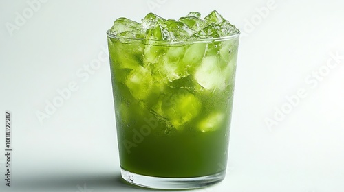 Light green iced matcha tea in white background