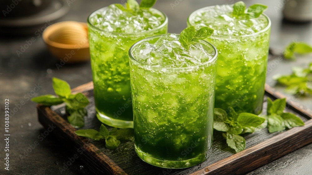 Light green iced matcha tea in white background