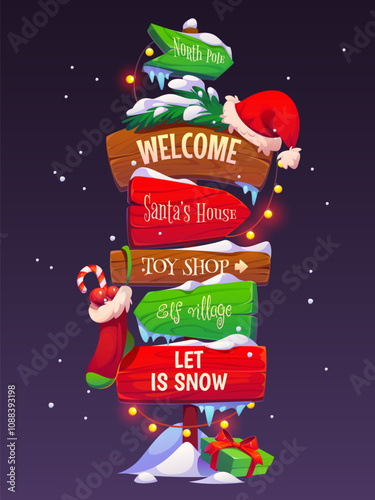 Christmas sign board or holiday signage for winter greetings, vector cartoon banner. Wooden signboard or signpost with Santa house direction, gifts sock with candy cane, sign board in Christmas lights