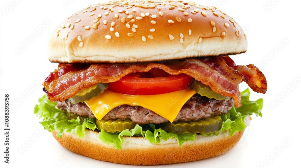 A gourmet bacon cheeseburger with a juicy beef patty, crispy bacon strips, melted cheddar cheese A gourmet bacon cheeseburger with a juicy beef patty, crispy bacon strips, melted cheddar cheese