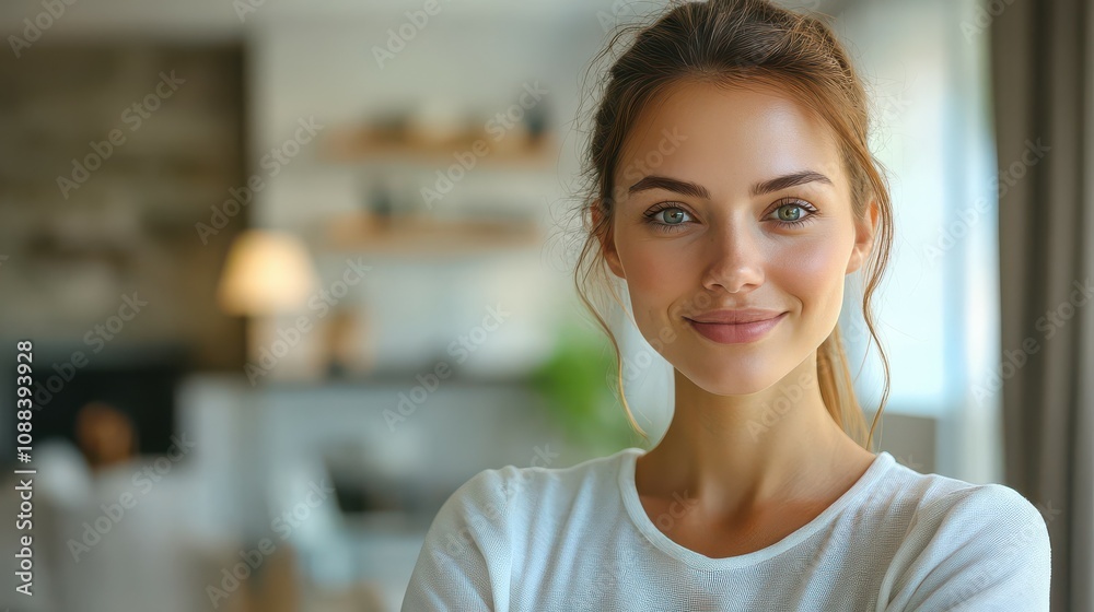 Portrait of a Young Woman Smiling in a Living Room. Portrait of a Young Woman Smiling in a Living Room.