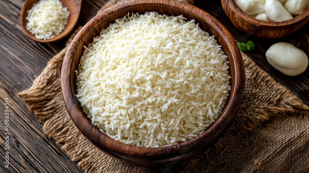 Bowl of grated mozzarella cheese. Perfect for recipes needing shredded cheese. Bowl of grated mozzarella cheese. Perfect for recipes needing shredded cheese.