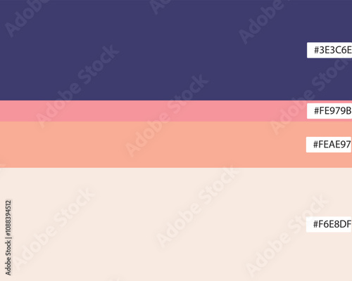 Vibrant Color Palette with Navy Pink Coral and Cream Stripes.  color palette with horizontal stripes of navy blue (#3E3C6E) bright pink (#FE979B) coral (#FEAE97) cream (#F6E8DF)