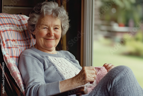 An elderly woman sitting on a rocking chair, knitting, with a soft and content smile photo