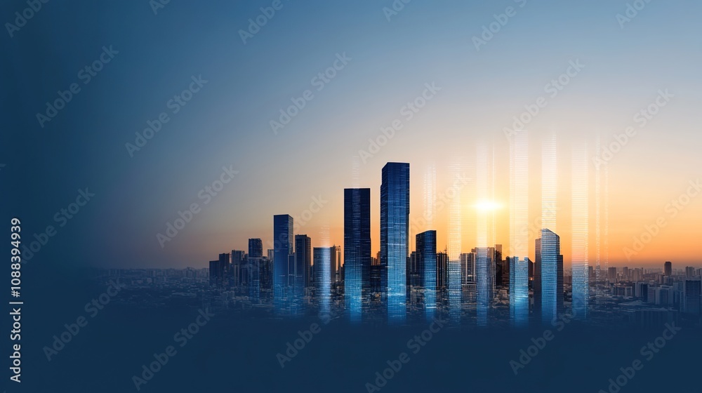 Fototapeta premium Modern City Skyline at Sunrise with Beautiful Reflections and Glass Buildings Creating a Vibrant Urban Atmosphere Against a Soft Blue Sky