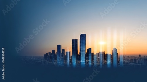 Modern City Skyline at Sunrise with Beautiful Reflections and Glass Buildings Creating a Vibrant Urban Atmosphere Against a Soft Blue Sky