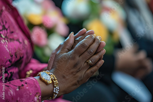 Close-up of hands clasped together in prayer during a funeral photo