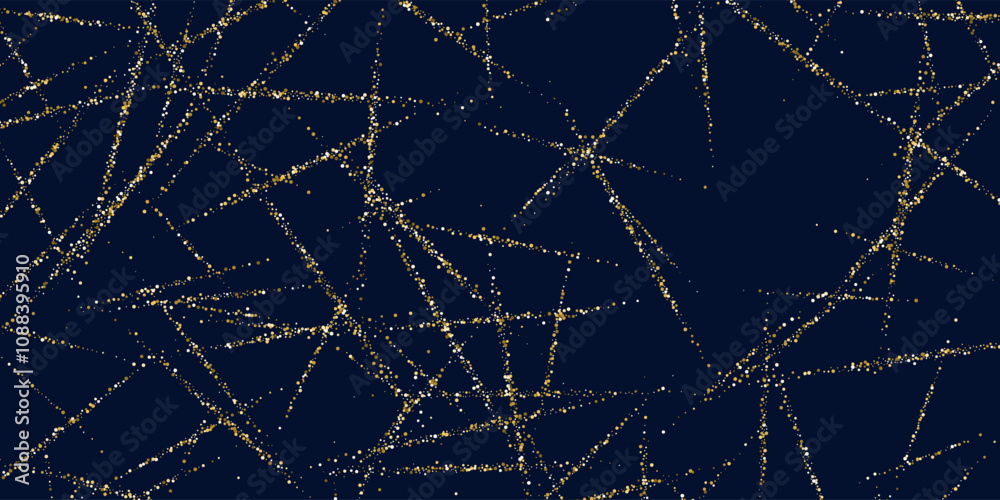 Bright vector illustration of magic sparkling shiny particles and lines on dark background. Vector illustration. Golden glitter.