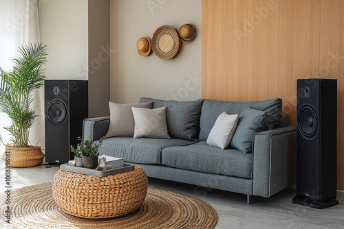 Wallpaper Mural Modern living room with cozy couch decorative wall art plants and audio speakers in daylight Torontodigital.ca